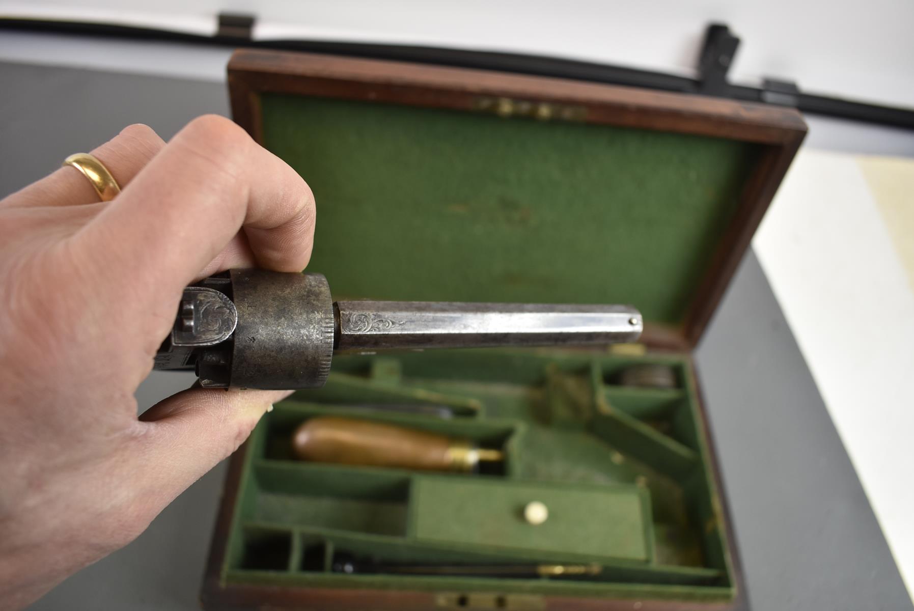 A CASED 120-BORE SIX-SHOT PERCUSSION WEBLEY BENTLEY TYPE OPEN FRAMED REVOLVER, 4inch sighted - Image 8 of 11