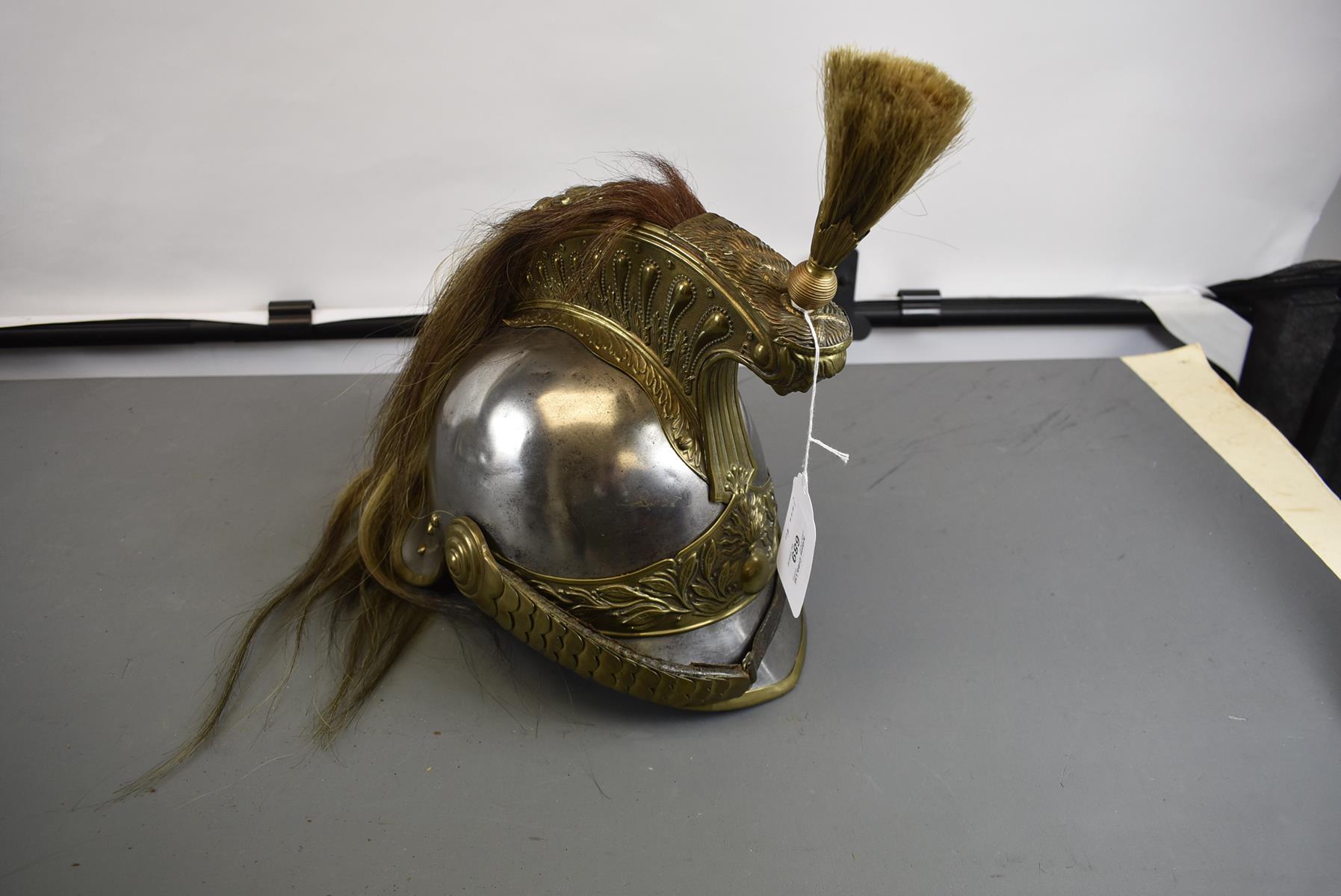 A FRENCH HEAVY CAVALRY TROOPER'S FULL DRESS HELMET. The steel skull embellished with brass fittings, - Image 2 of 9