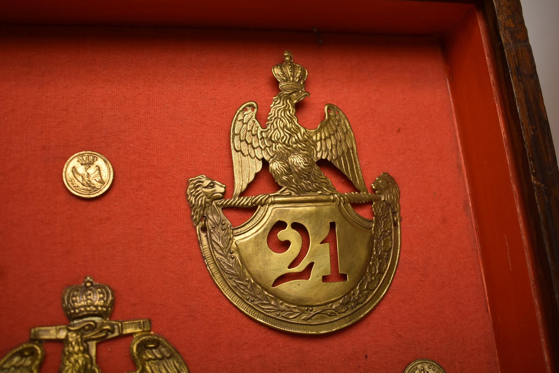 IMPERIAL FRENCH SHAKO PLATES, A FUR CAP PLATE, WAIST BELT PLATES AND CLASPS, OTHER BADGES AND - Image 9 of 22