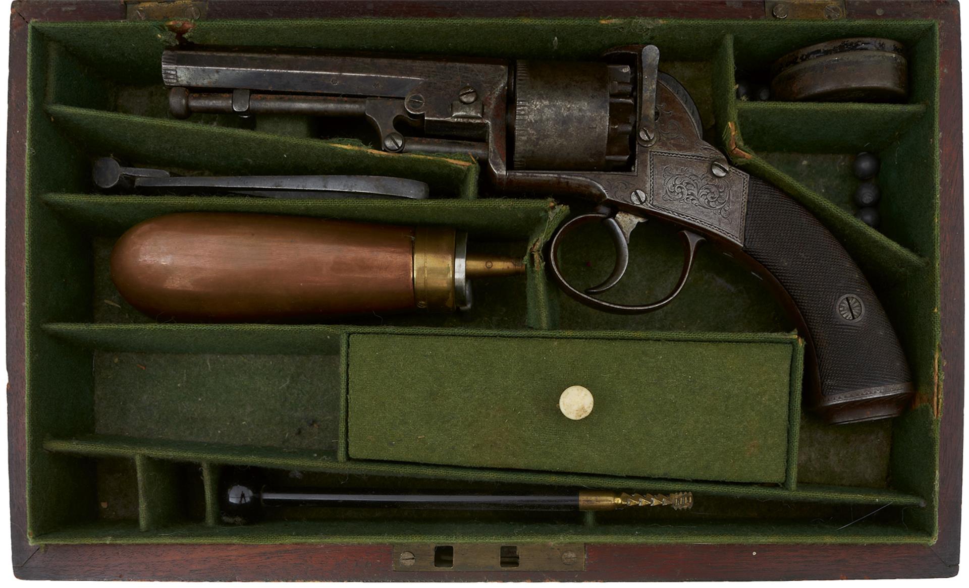 A CASED 120-BORE SIX-SHOT PERCUSSION WEBLEY BENTLEY TYPE OPEN FRAMED REVOLVER, 4inch sighted