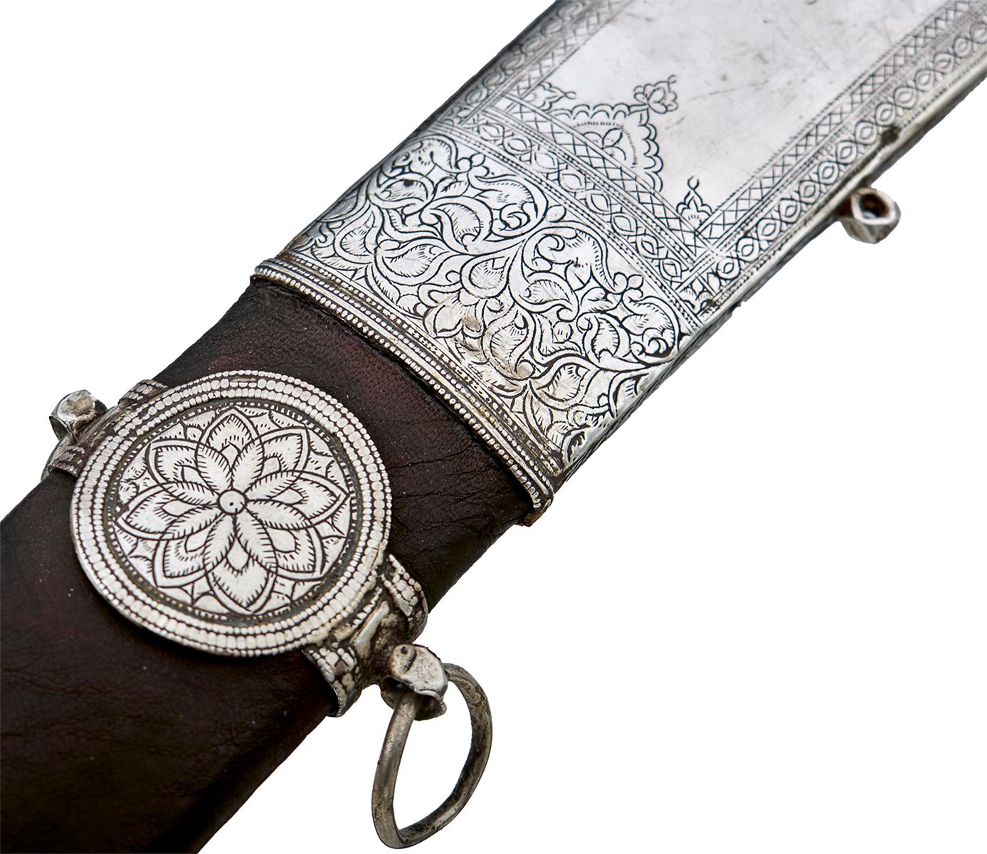 A 19TH CENTURY ARAB SAIF OR SWORD, 75cm double fullered blade, characteristic white metal hilt, - Image 2 of 14