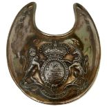 AN OFFICER'S SILVER COLOURED METAL GORGET, pattern shows the pre 1799 Royal arms in repousse with