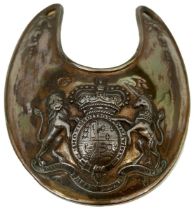 AN OFFICER'S SILVER COLOURED METAL GORGET, pattern shows the pre 1799 Royal arms in repousse with
