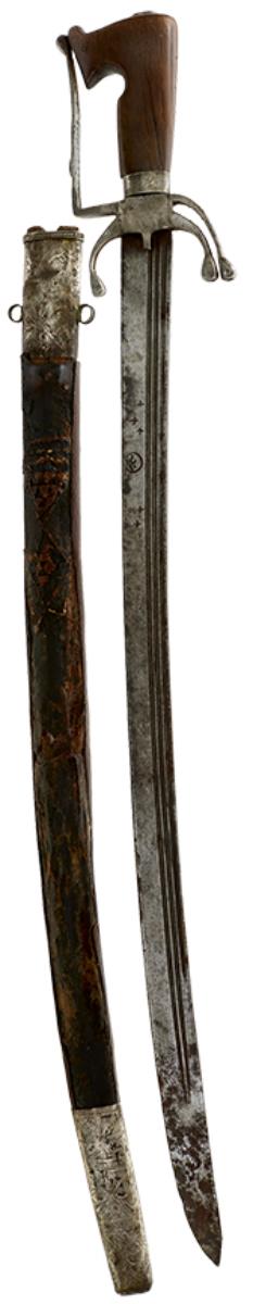 A 19TH CENTURY ARAB NIMCHA OR SWORD, 70.5cm triple fullered blade decorated with star and crescent
