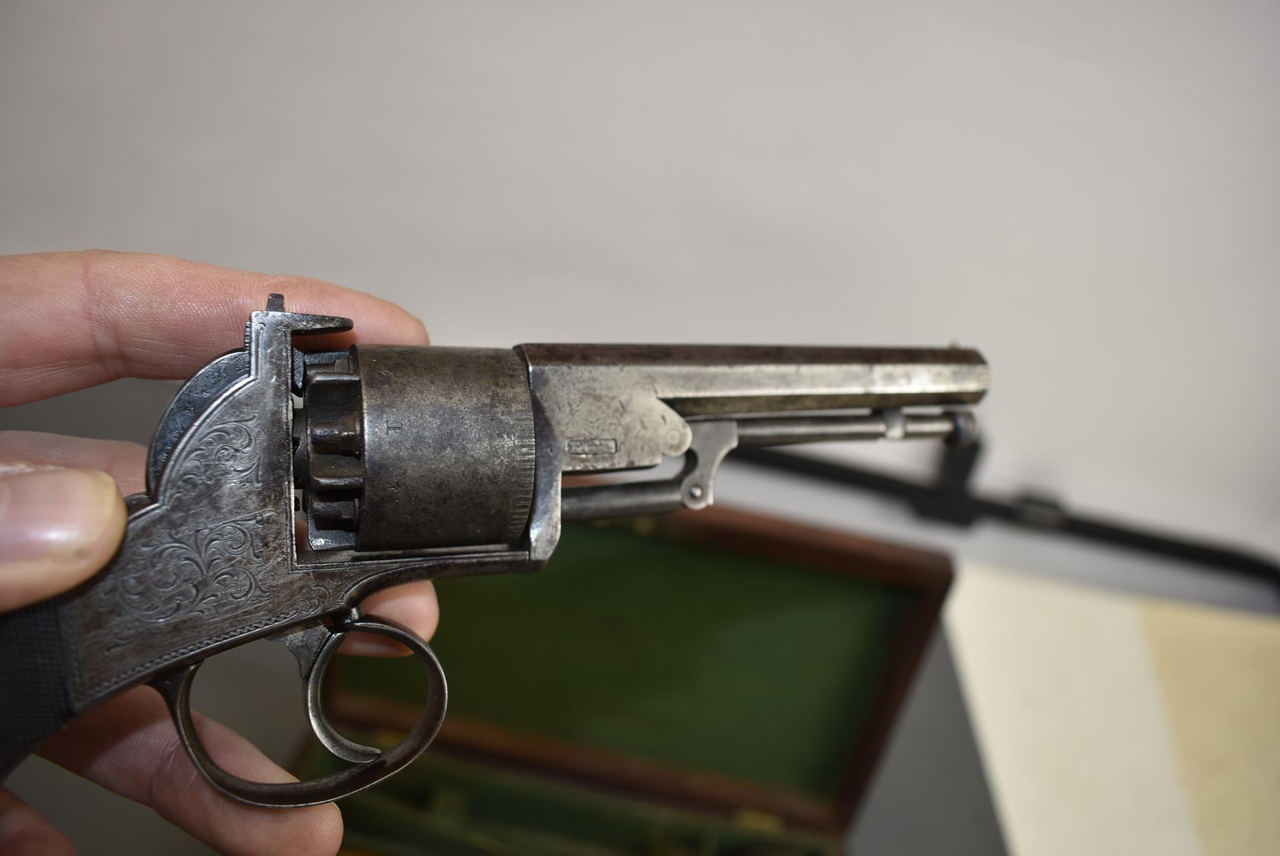 A CASED 120-BORE SIX-SHOT PERCUSSION WEBLEY BENTLEY TYPE OPEN FRAMED REVOLVER, 4inch sighted - Image 5 of 11