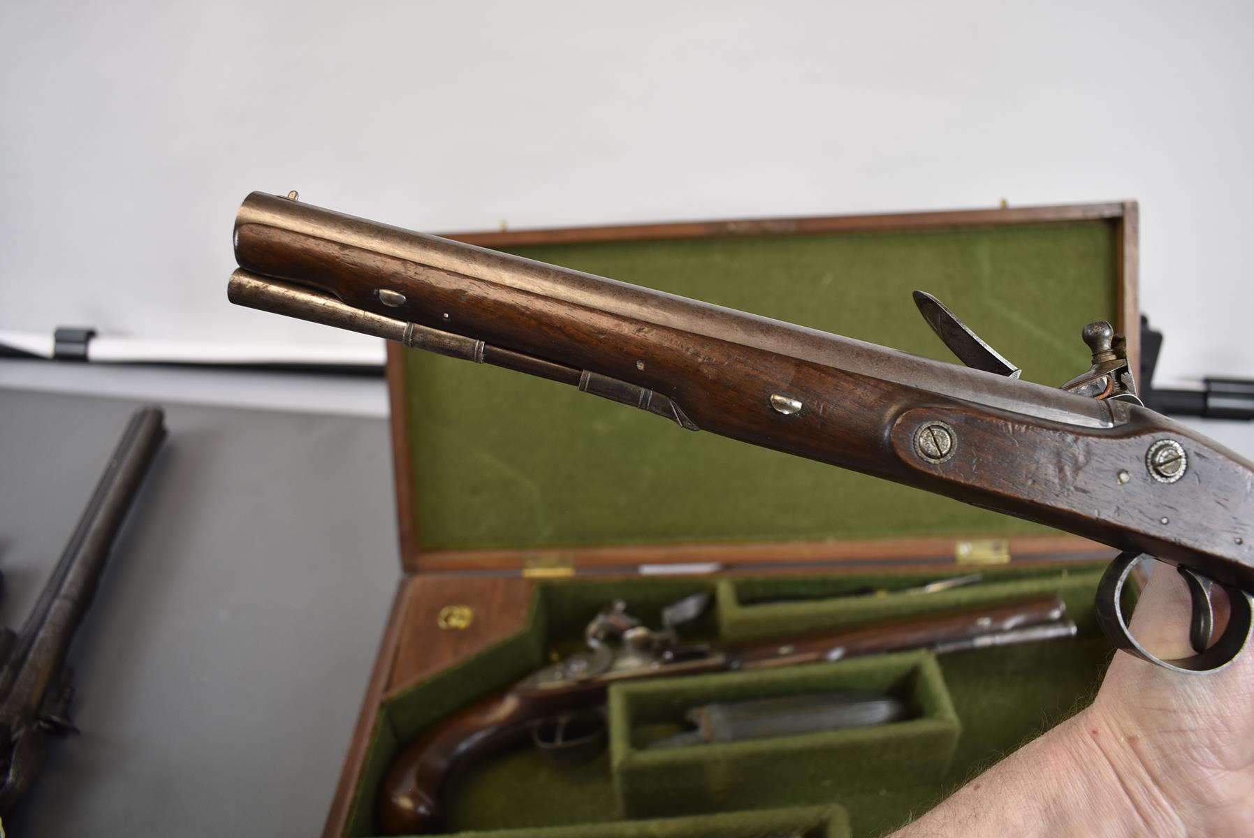 A CASED PAIR OF 18TH CENTURY 28-BORE FLINTLOCK DUELLING PISTOLS BY HARRISON & THOMSON, 9.5inch - Image 22 of 26