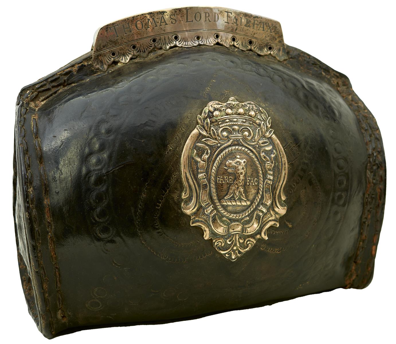 A 17TH CENTURY ENGLISH CIVIL WAR RELATED SILVER MOUNTED LEATHER COVERED FLASK BELONGING TO SIR