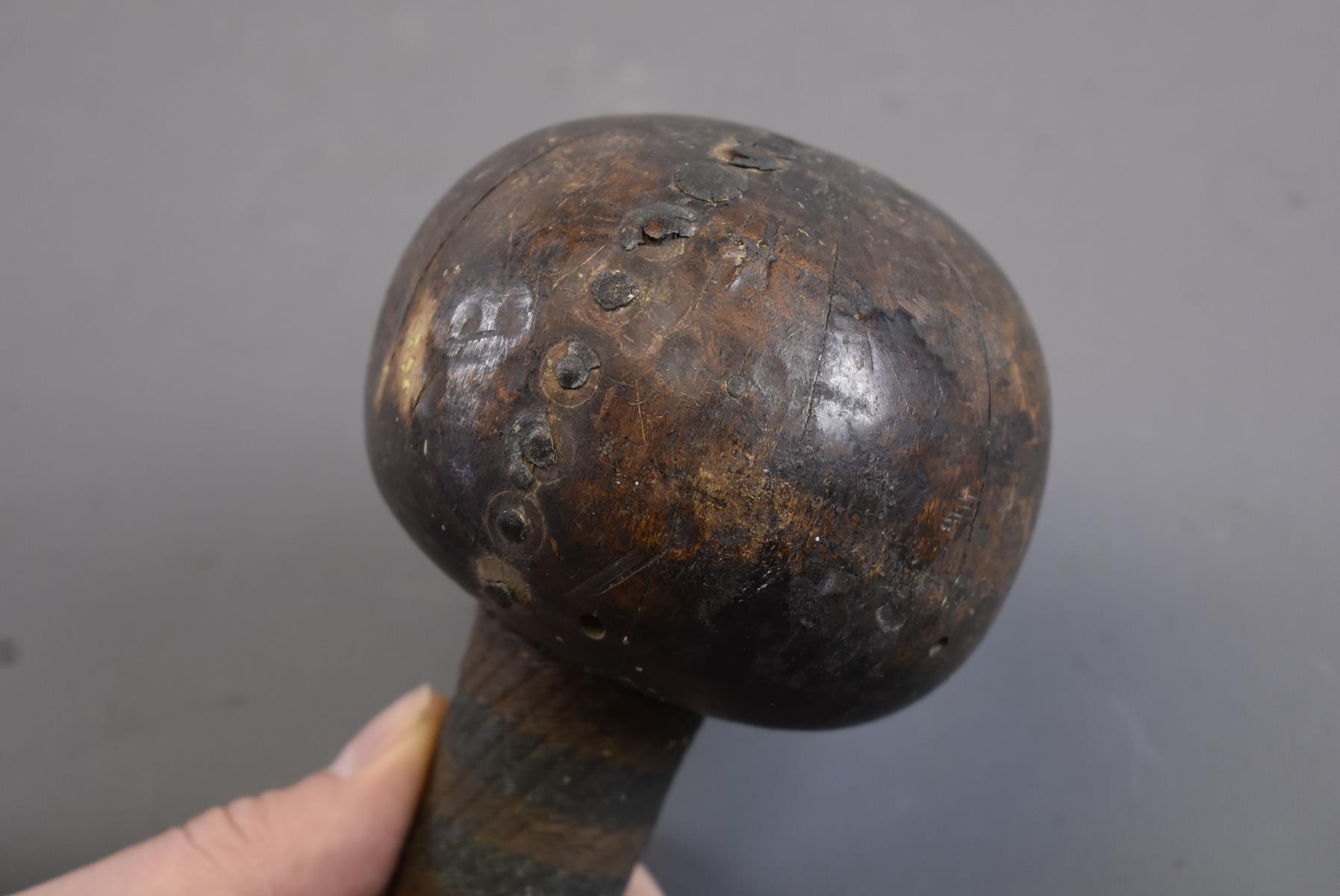 A 19TH CENTURY AFRICAN KNOBKERRIE OR TRIBAL CLUB, 10cm diameter spherical hardwood head, retaining - Image 6 of 8