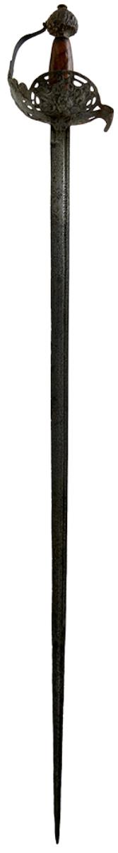 A HIGH STATUS 17TH CENTURY ENGLISH MORTUARY HILTED BACK SWORD, 96cm fullered blade incised