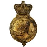 ROYAL HORSE ARTILLERY SIDE BADGE FOR THE FUR CRESTED LEATHER HELMET, C.1793-1822. A fine and rare