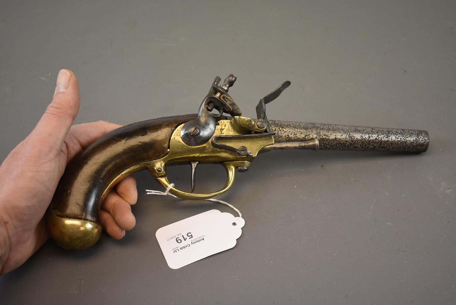 A .700 CALIBRE FRENCH FLINTLOCK MODEL 1777 CAVALRY PISTOL, 7.25inch barrel, the brass frame and - Image 2 of 6