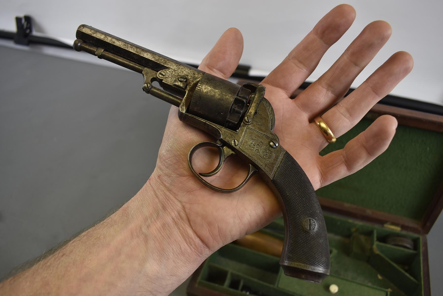 A CASED 120-BORE SIX-SHOT PERCUSSION WEBLEY BENTLEY TYPE OPEN FRAMED REVOLVER, 4inch sighted - Image 7 of 11