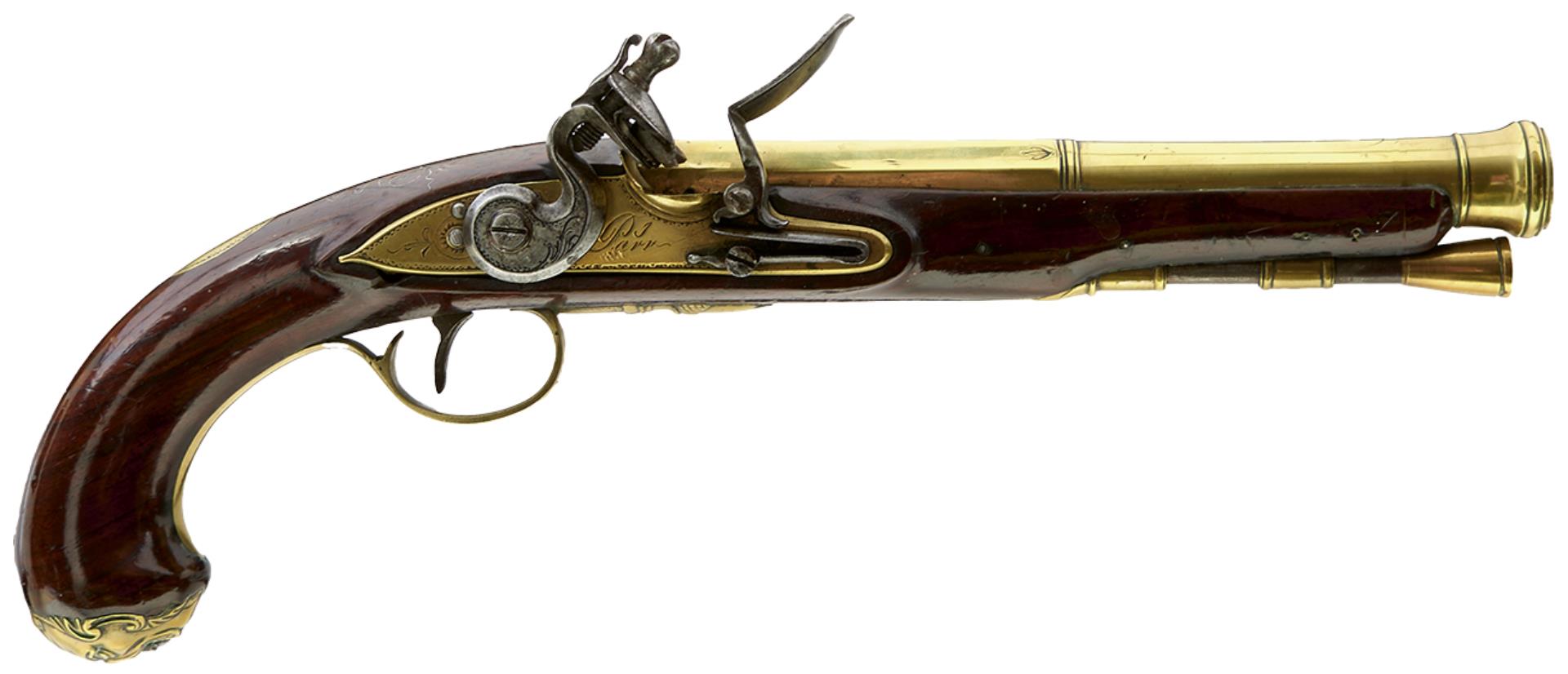 A FLINTLOCK BLUNDERBUSS HOLSTER PISTOL, 8inch two-stage brass barrel with ring turned flared muzzle,