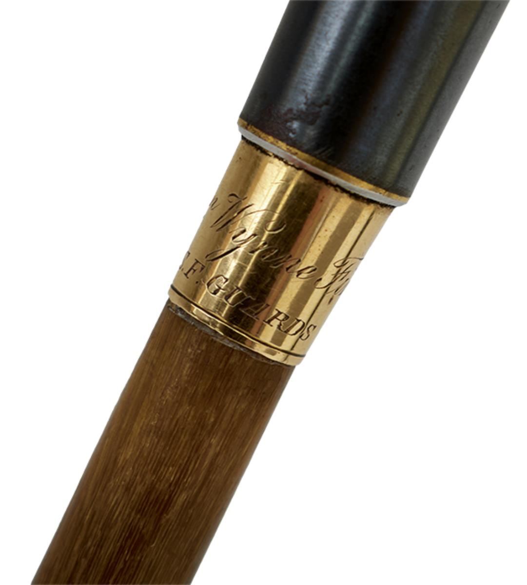 A FINE 19TH CENTURY RHINOCEROS AND GOLD HIGHLIGHTED OFFICER'S SWAGGER STICK OF THE ROYAL SCOTS - Image 3 of 11