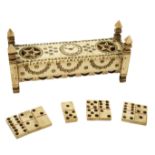 AN EARLY 19TH CENTURY NAPOLEONIC PRISONER OF WAR BONE GAMES BOX, of rectangular form with a