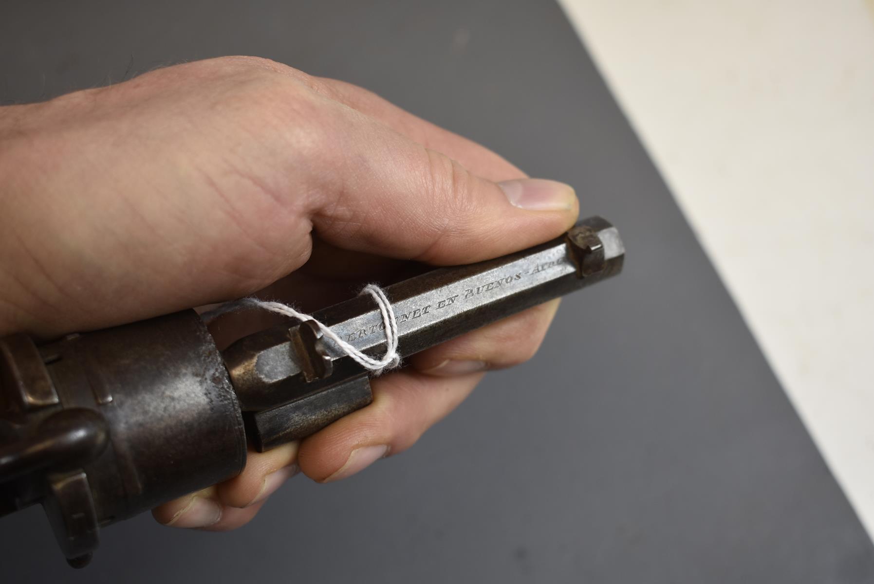 A BELGIAN 9MM SIX-SHOT FRANCOTTE PINFIRE REVOLVER, 3.75inch sighted two-stage barrel, with traces of - Image 7 of 7