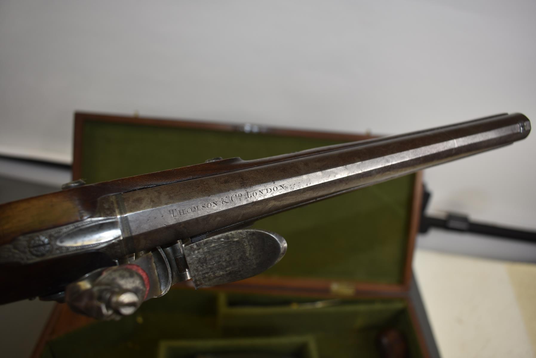 A CASED PAIR OF 18TH CENTURY 28-BORE FLINTLOCK DUELLING PISTOLS BY HARRISON & THOMSON, 9.5inch - Image 10 of 26