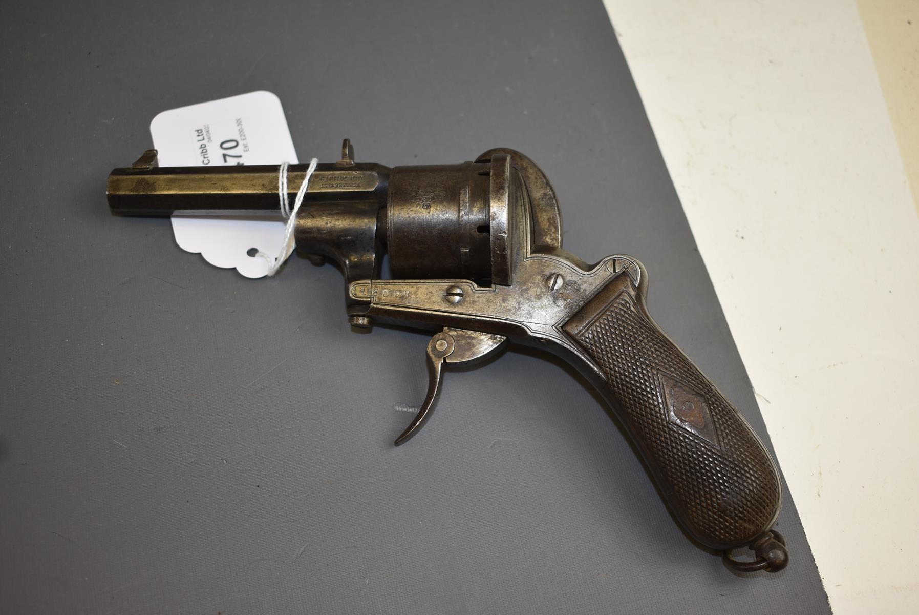 A BELGIAN 9MM SIX-SHOT FRANCOTTE PINFIRE REVOLVER, 3.75inch sighted two-stage barrel, with traces of - Image 5 of 7