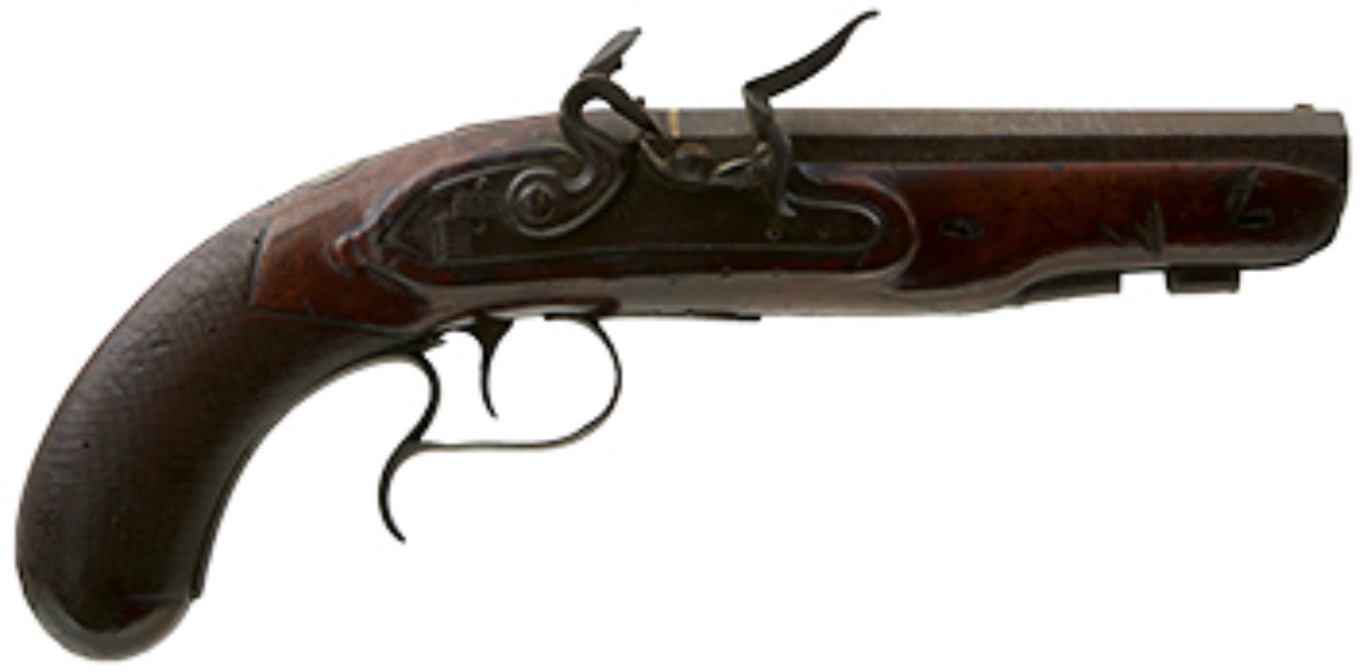 A 16-BORE FLINTLOCK OFFICER'S OR COACHING PISTOL BY MORTIMER, 6inch sighted octagonal damascus