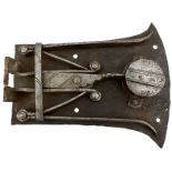 A 17TH CENTURY NORTH EUROPEAN LOCK, the plain hammered iron plate with exposed mechanism to the