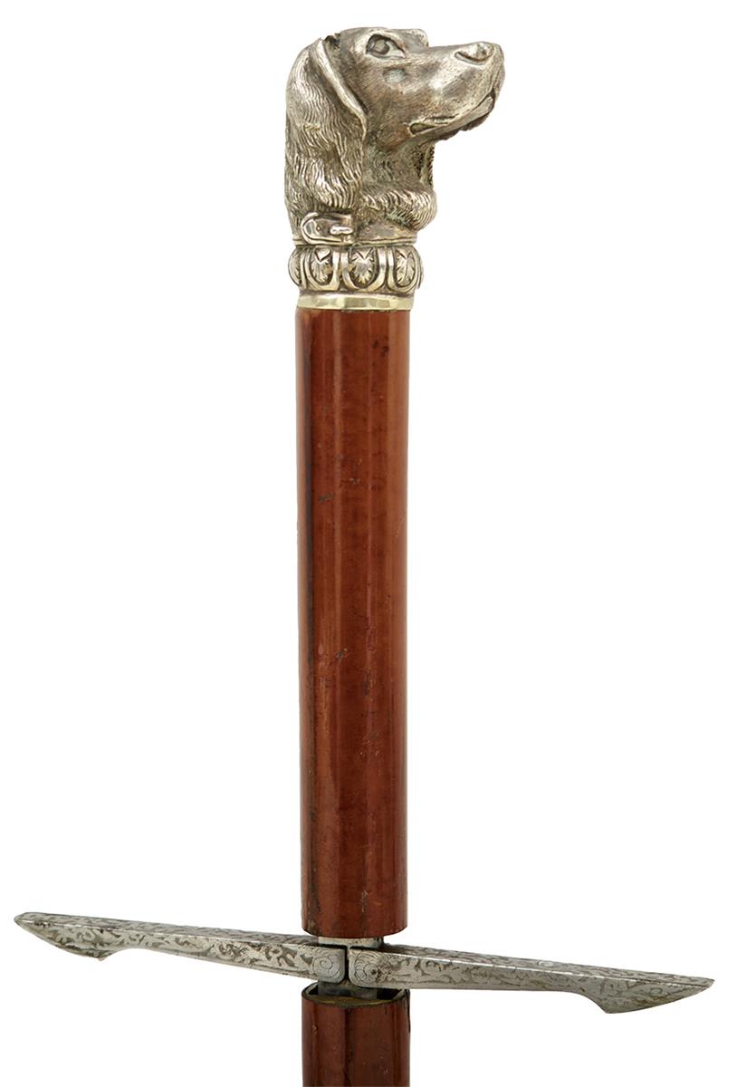 A LATE 19TH/EARLY 20TH CENTURY SPRUNG CROSSGUARD SWORD STICK, 69.5cm fullered tapering blade