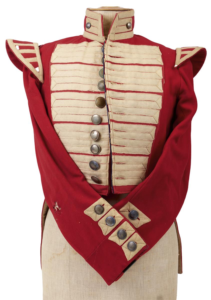 A BRITISH MILITARY MUSICIAN'S COATEE, scarlet cloth with white tape 'lace', now fitted with civilian