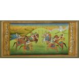 MUGHAL SCHOOL, Indian miniature painting of The Empress Mumtaz Mahal playing polo in a hilly