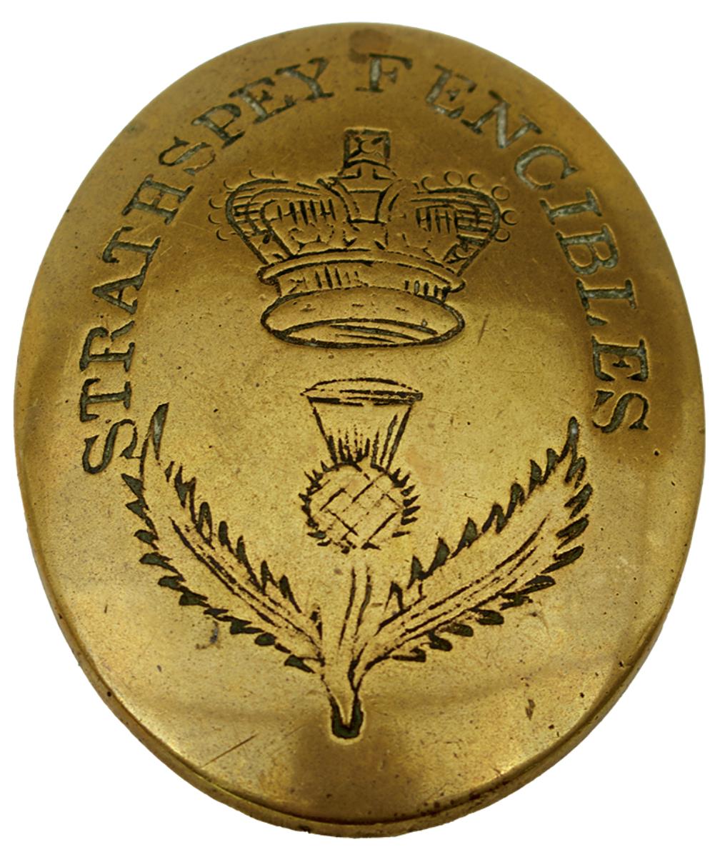 STRATHSPEY FENCIBLES OTHER RANKS OVAL CROSS BELT PLATE, 1793-1799. A good quality die-cast brass