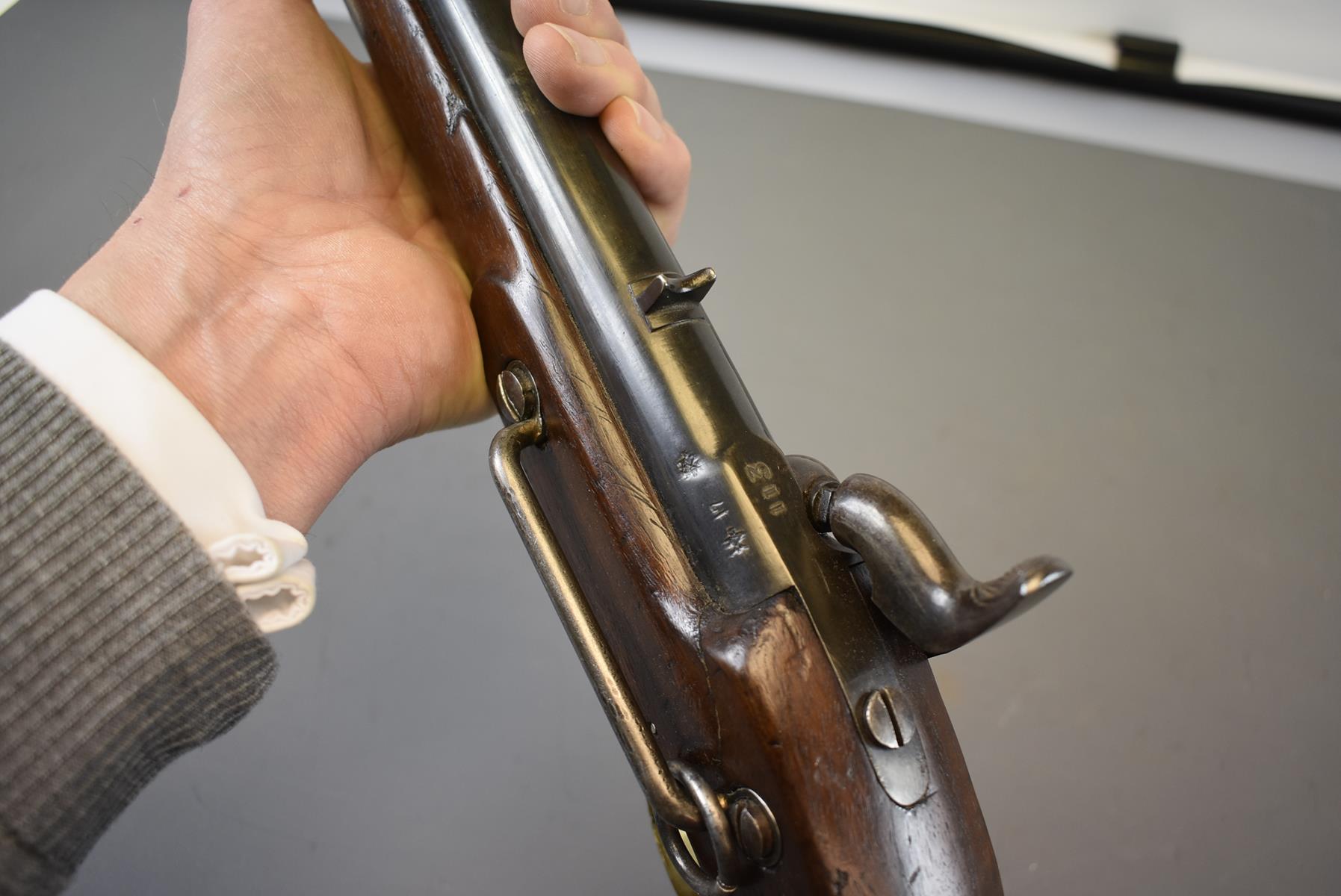 A .650 CALIBRE PERCUSSION PATTERN 1856 EAST INDIA CAVALRY CARBINE, 21inch sighted barrel fitted with - Image 10 of 10