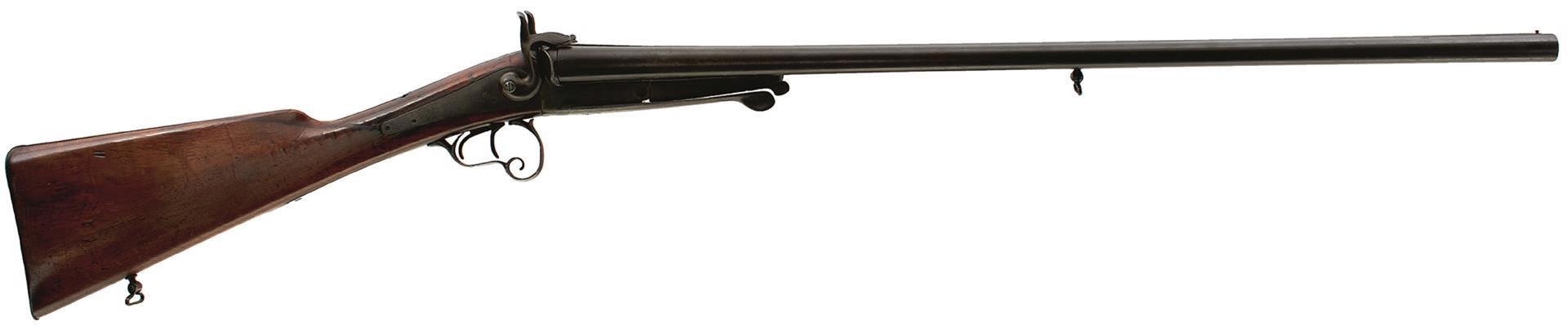 AN 18-BORE DOUBLE BARRELLED PINFIRE SPORTING GUN, 28.25in sighted barrels, scroll engraved back