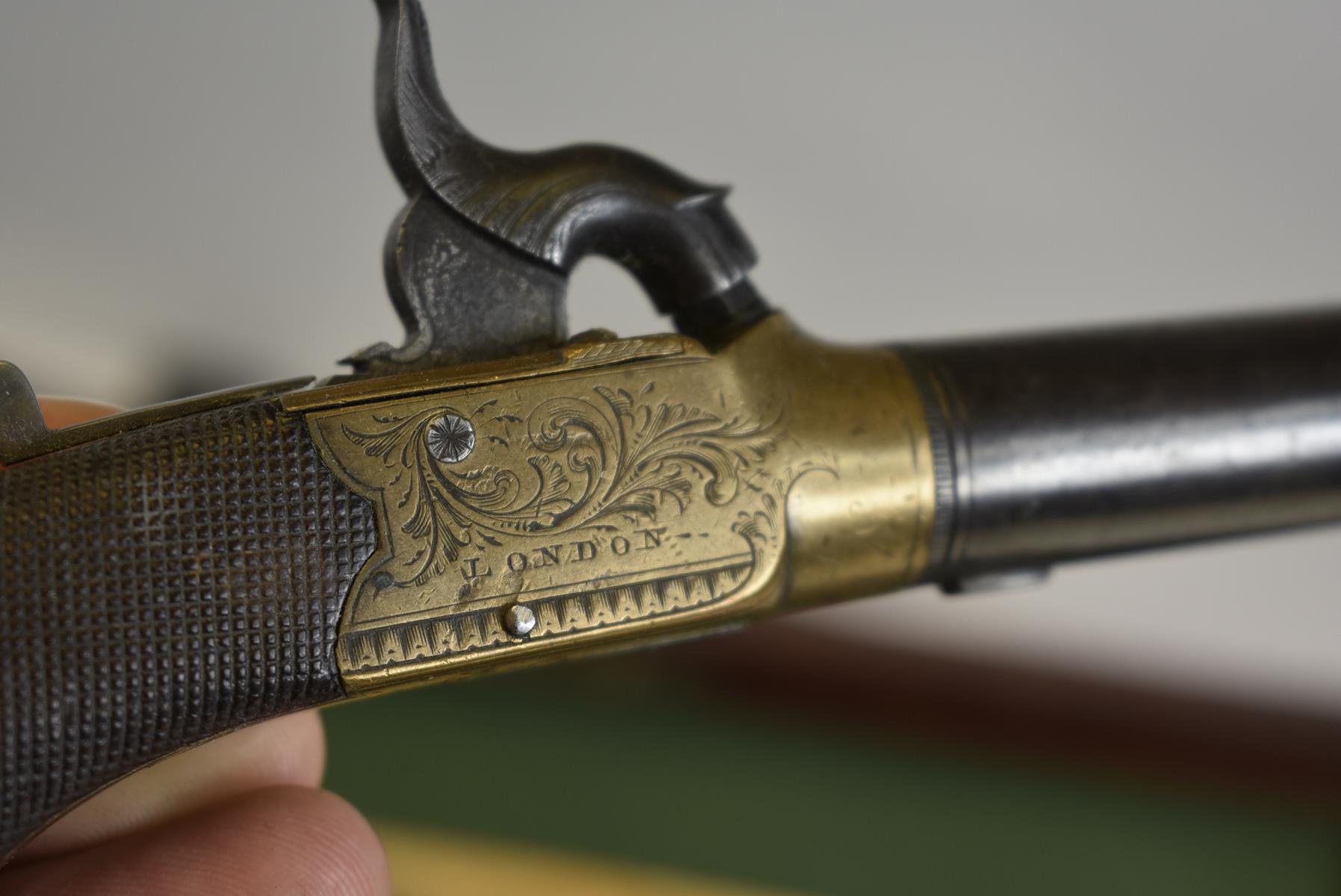 A CASED PAIR OF BRASS FRAMED PERCUSSION BOXLOCK POCKET PISTOLS BY PARKER, 2.25inch turn-off - Image 4 of 11