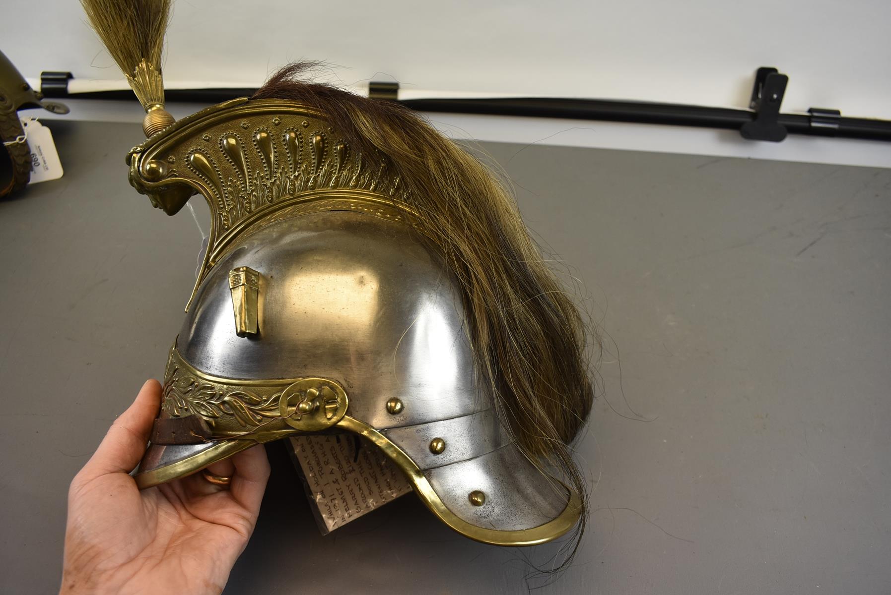 A FRENCH HEAVY CAVALRY TROOPER'S FULL DRESS HELMET. The steel skull embellished with brass fittings, - Image 4 of 9