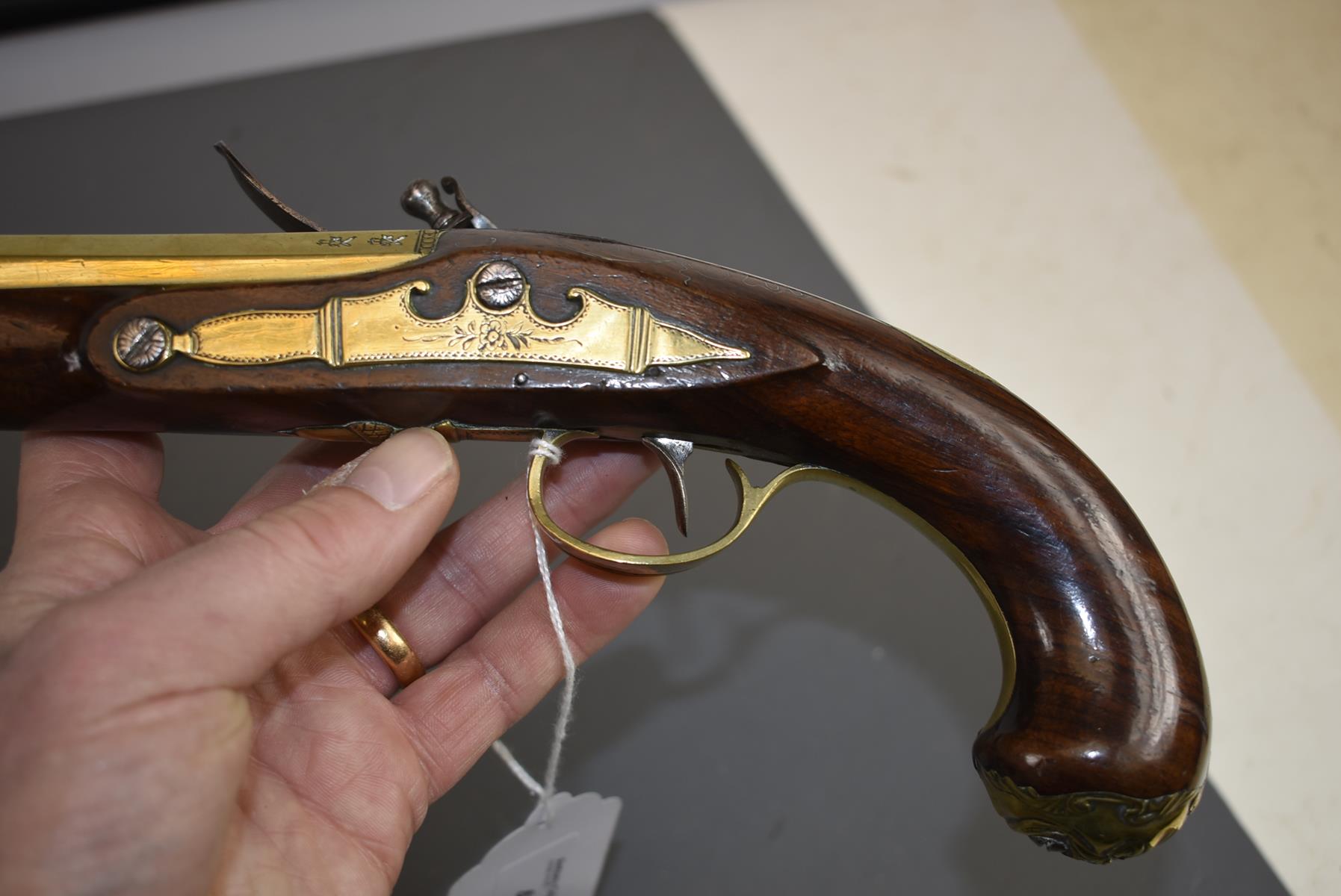 A FLINTLOCK BLUNDERBUSS HOLSTER PISTOL, 8inch two-stage brass barrel with ring turned flared muzzle, - Image 7 of 10