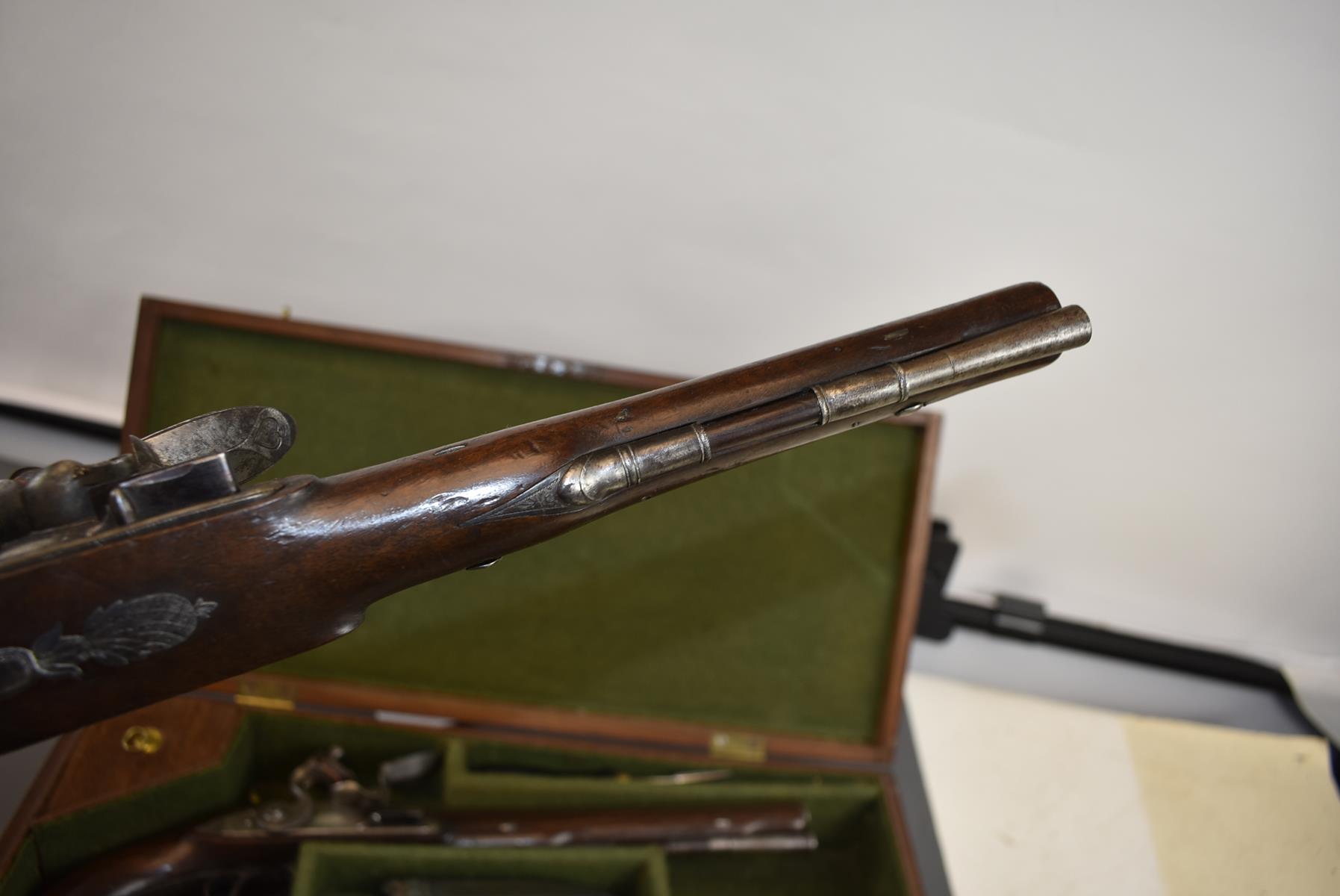 A CASED PAIR OF 18TH CENTURY 28-BORE FLINTLOCK DUELLING PISTOLS BY HARRISON & THOMSON, 9.5inch - Image 19 of 26