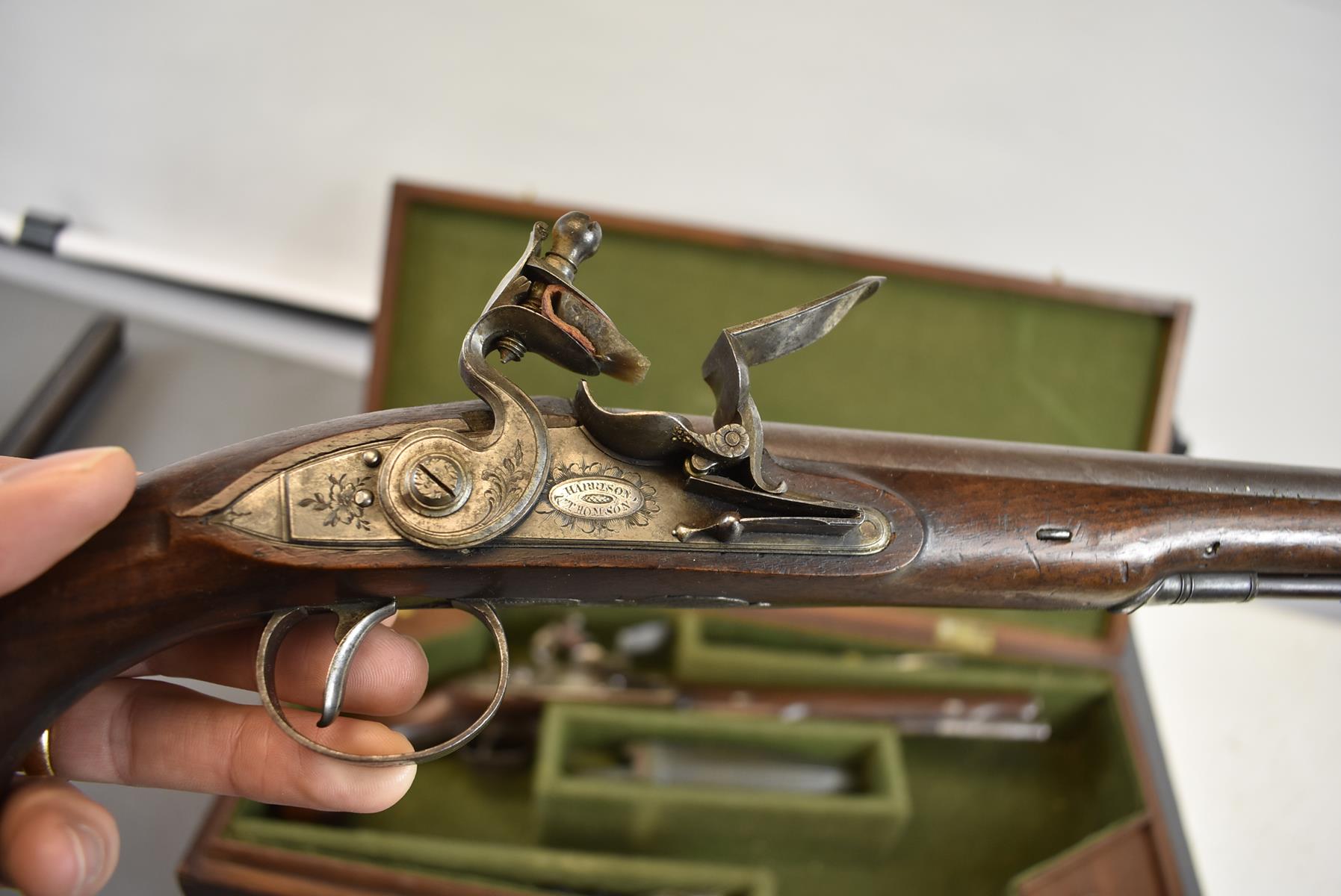 A CASED PAIR OF 18TH CENTURY 28-BORE FLINTLOCK DUELLING PISTOLS BY HARRISON & THOMSON, 9.5inch - Image 18 of 26