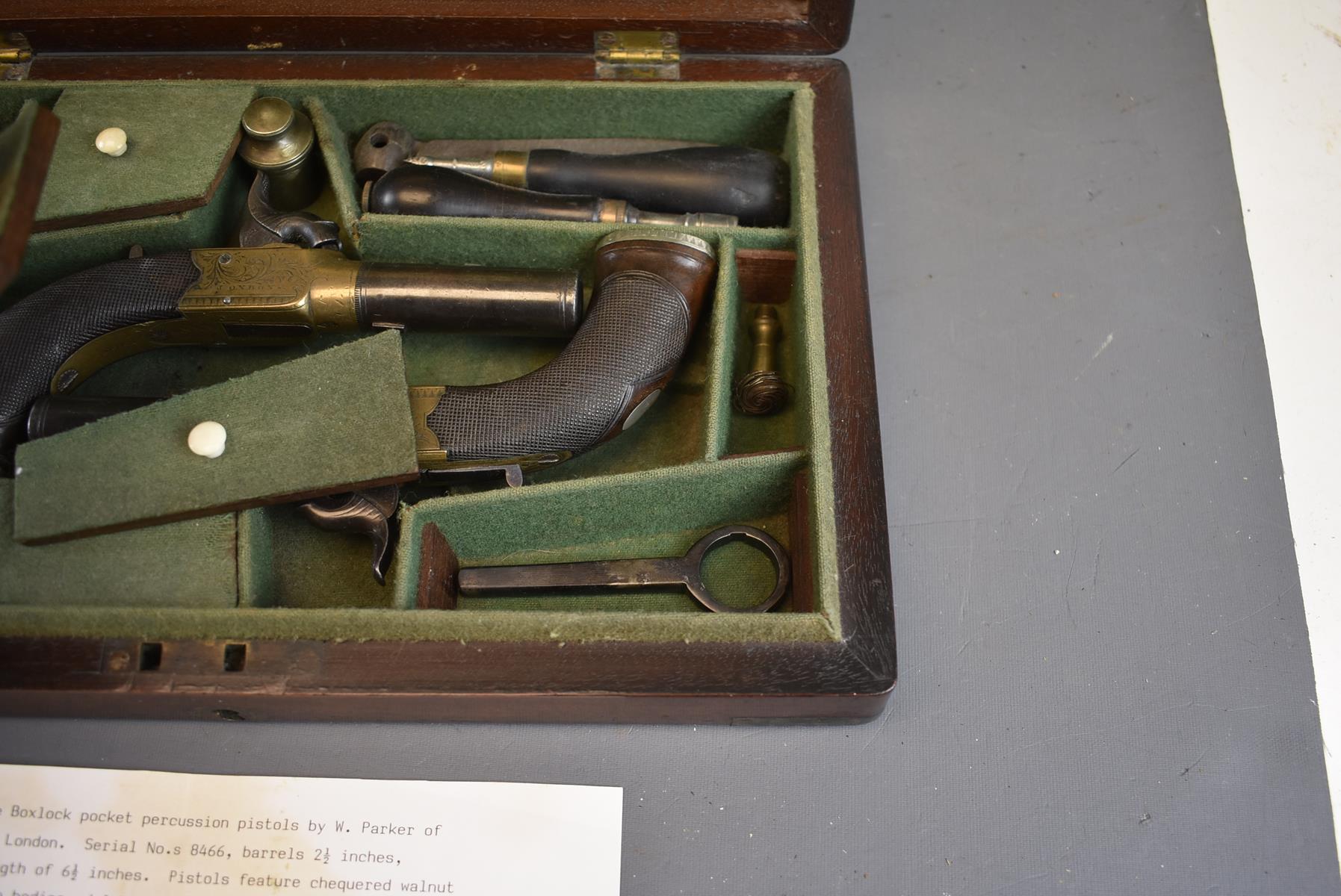 A CASED PAIR OF BRASS FRAMED PERCUSSION BOXLOCK POCKET PISTOLS BY PARKER, 2.25inch turn-off - Image 10 of 11