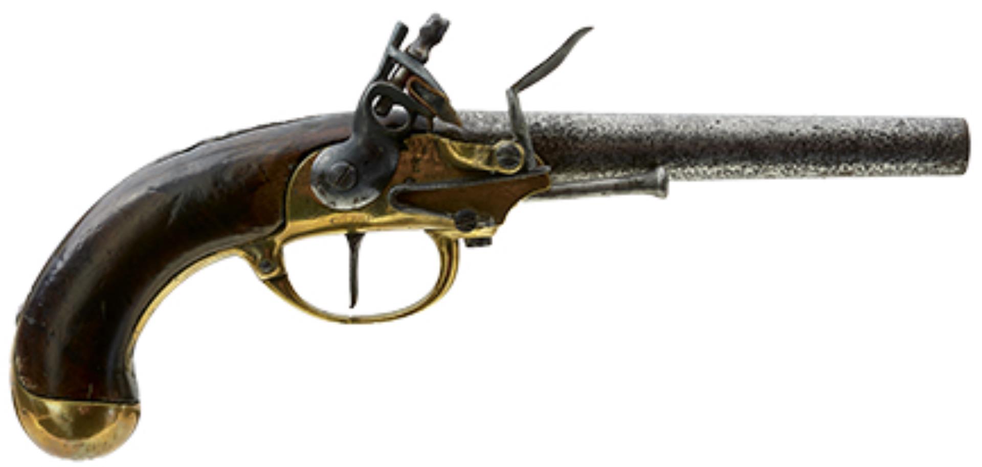 A .700 CALIBRE FRENCH FLINTLOCK MODEL 1777 CAVALRY PISTOL, 7.25inch barrel, the brass frame and