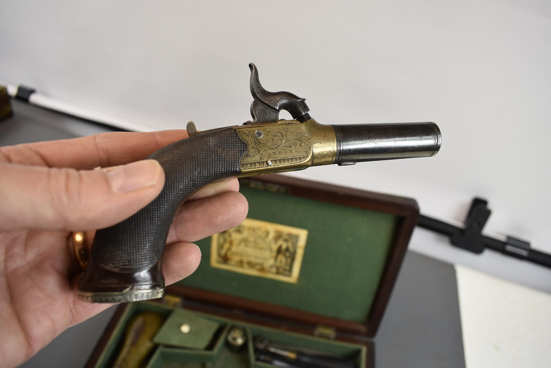 A CASED PAIR OF BRASS FRAMED PERCUSSION BOXLOCK POCKET PISTOLS BY PARKER, 2.25inch turn-off - Image 3 of 11