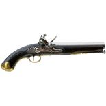 A .750 CALIBRE FLINTLOCK HEAVY DRAGOON PISTOL, 9inch barrel, border engraved lock stamped with a