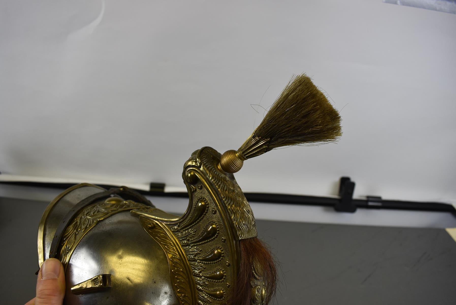 A FRENCH HEAVY CAVALRY TROOPER'S FULL DRESS HELMET. The steel skull embellished with brass fittings, - Image 8 of 9