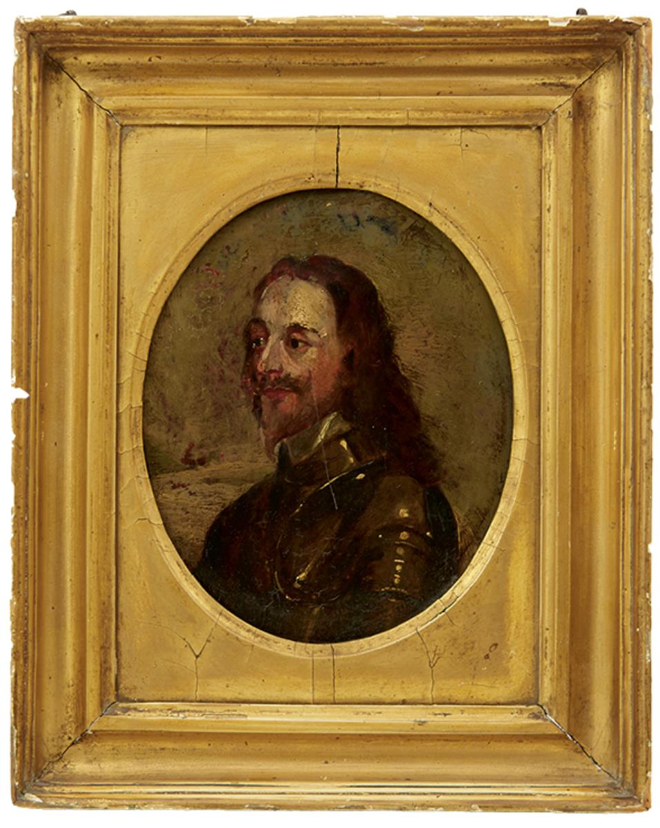 MANNER OF ANTHONY VAN DYCK, Bust length portrait of Charles I, oil on panel, 19 x 15.5cm oval,