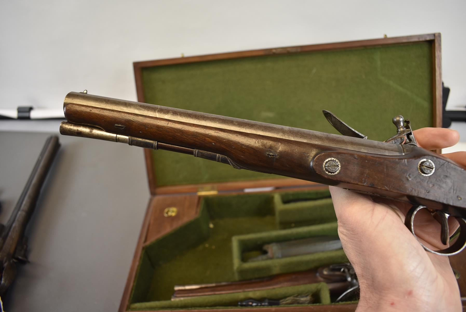 A CASED PAIR OF 18TH CENTURY 28-BORE FLINTLOCK DUELLING PISTOLS BY HARRISON & THOMSON, 9.5inch - Image 15 of 26