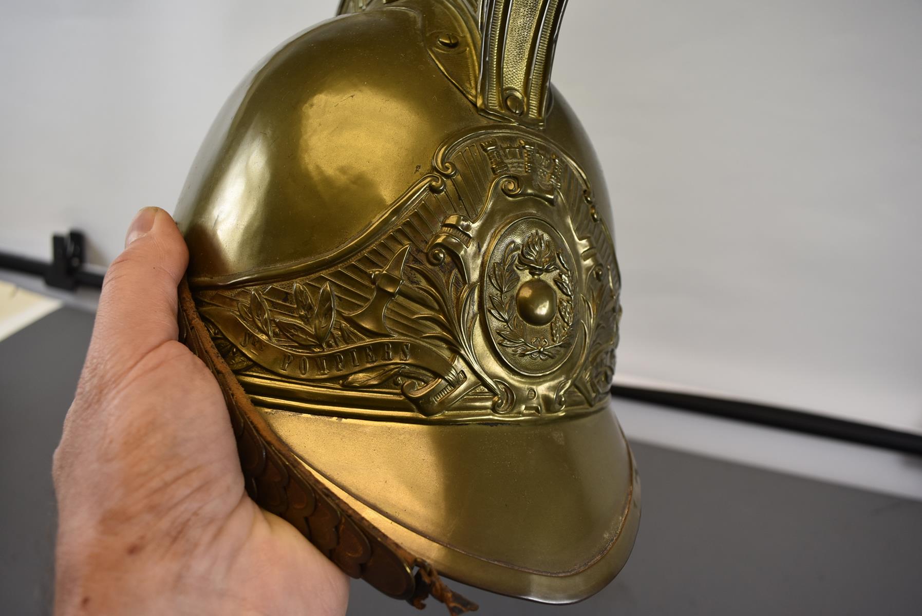A FRENCH FIREMAN'S HELMET FOR THE CHATEAUDUN SERVICE, A good quality all brass example, raised crest - Image 3 of 8