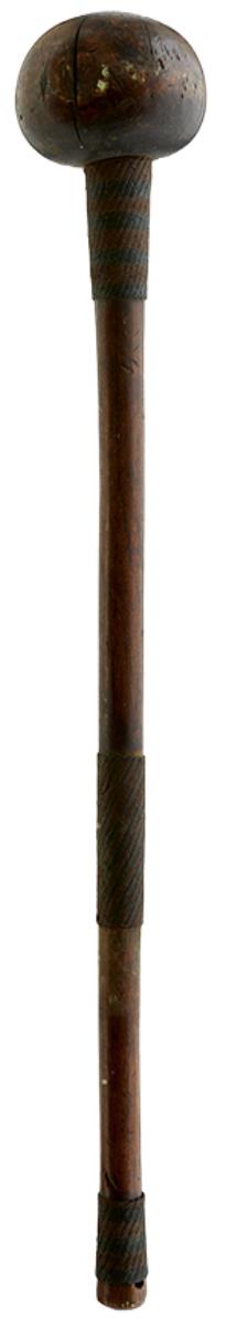 A 19TH CENTURY AFRICAN KNOBKERRIE OR TRIBAL CLUB, 10cm diameter spherical hardwood head, retaining