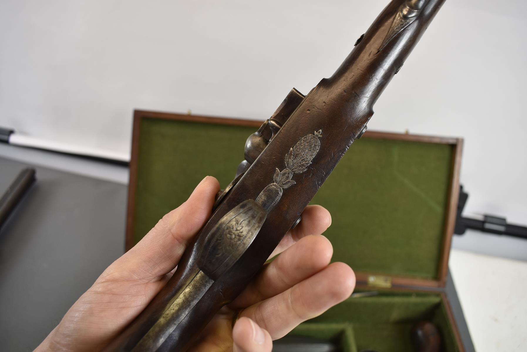 A CASED PAIR OF 18TH CENTURY 28-BORE FLINTLOCK DUELLING PISTOLS BY HARRISON & THOMSON, 9.5inch - Image 12 of 26