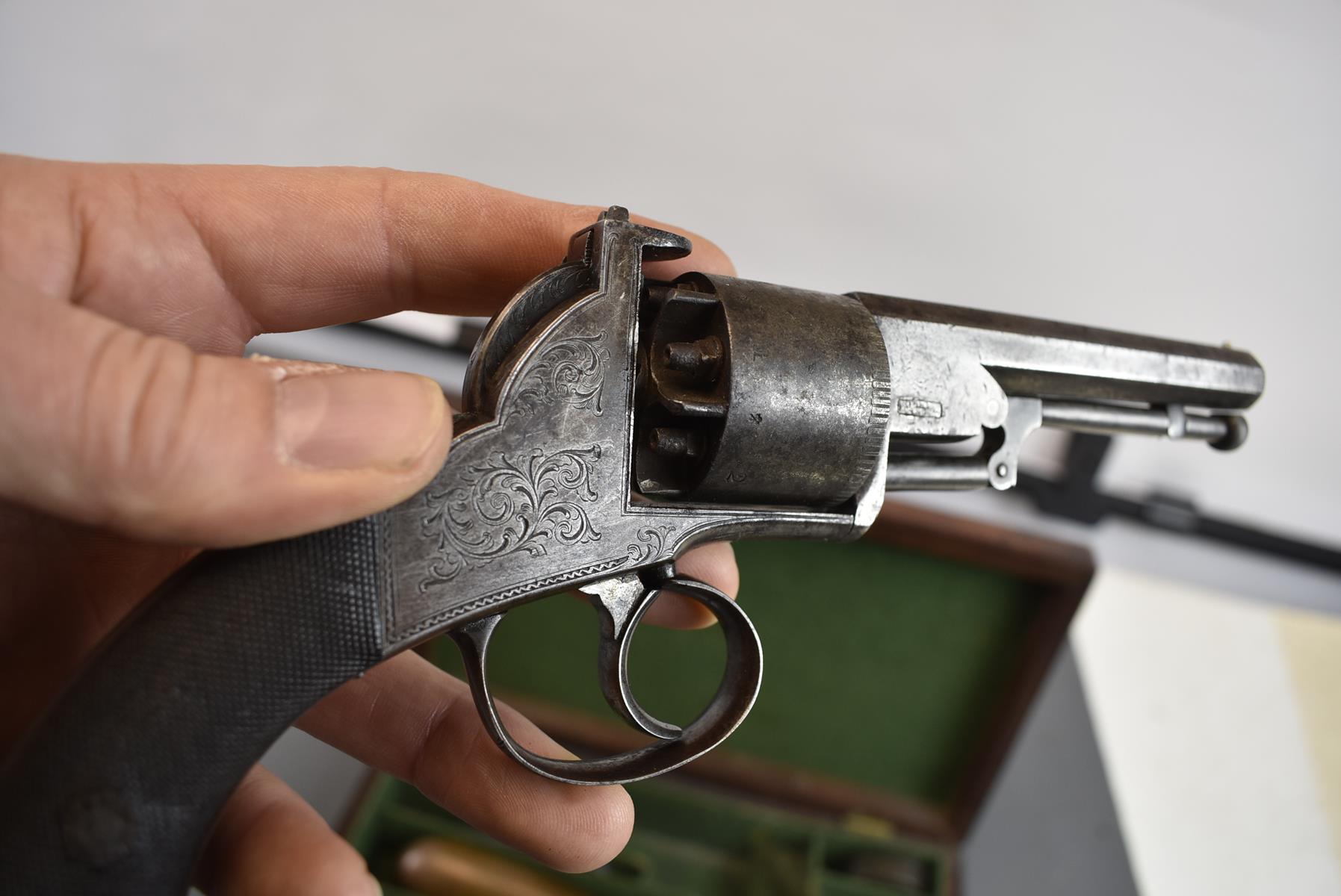 A CASED 120-BORE SIX-SHOT PERCUSSION WEBLEY BENTLEY TYPE OPEN FRAMED REVOLVER, 4inch sighted - Image 4 of 11
