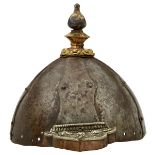 A 16TH or 17TH CENTURY TIBETAN HELMET, the eight piece skull formed of scalloped riveted plates, the