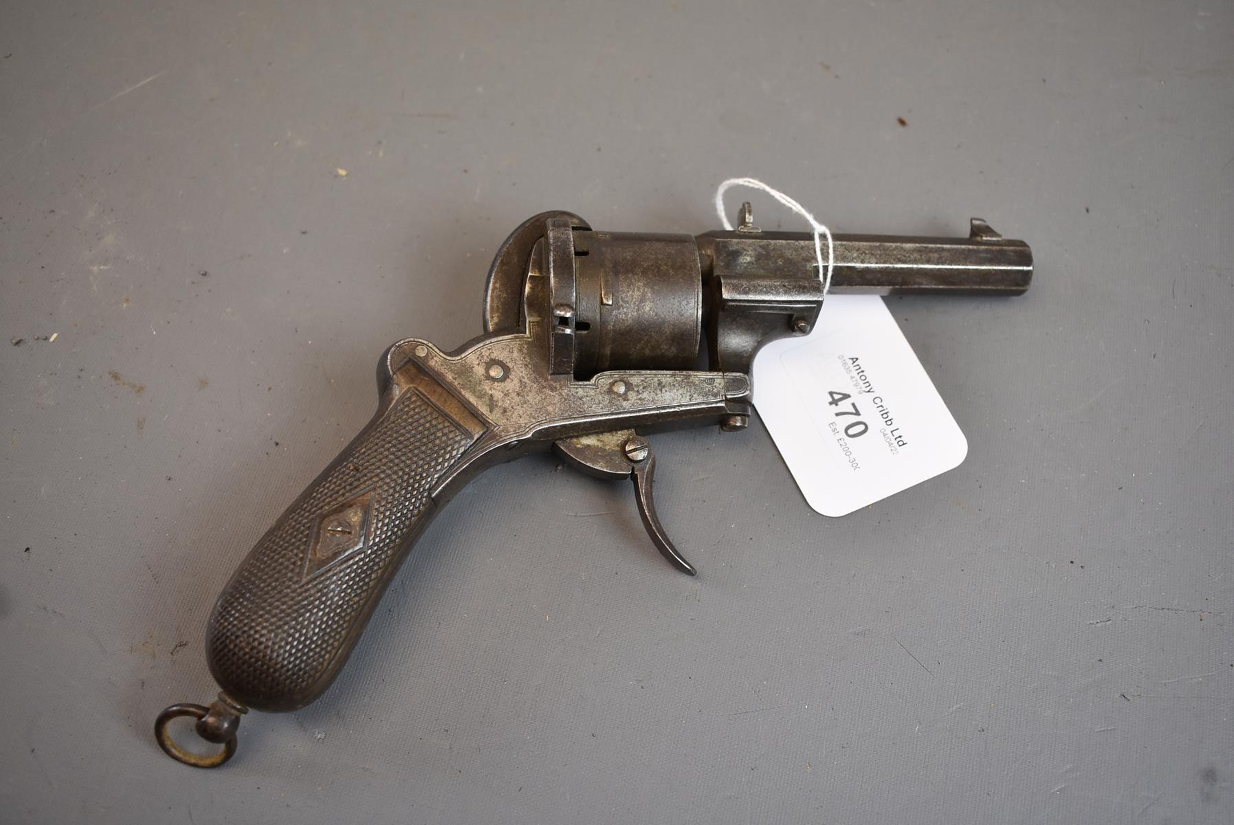 A BELGIAN 9MM SIX-SHOT FRANCOTTE PINFIRE REVOLVER, 3.75inch sighted two-stage barrel, with traces of - Image 2 of 7