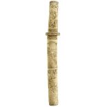A 19TH CENTURY CARVED BONE JAPANESE TANTO, 19.25cm blade, the bone tsuka carved with courtly figures