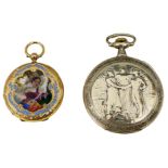 AN 18CT GOLD GONTIER SWISS LADIES POCKET WATCH, the cover depicting three ladies in front of a
